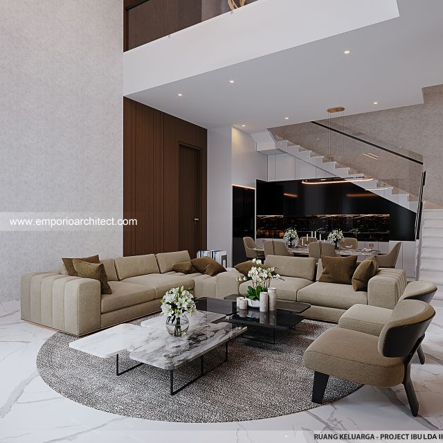 Desain Ruang Keluarga Rumah Modern 3 Lantai Ibu LDA II di Surabaya