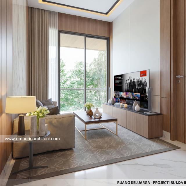 Desain Ruang Keluarga Rumah Modern 3 Lantai Ibu LDA II di Surabaya