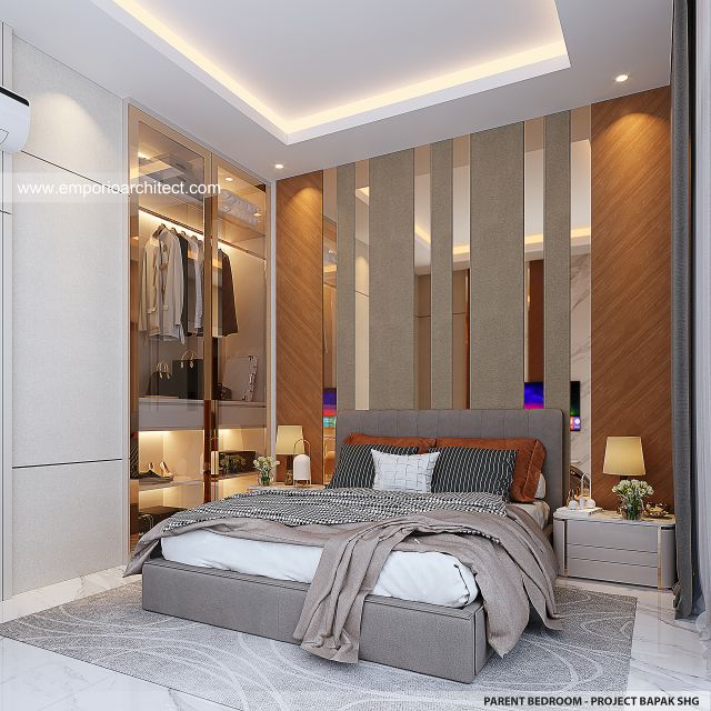 Desain Kamar Tidur Orang Tua Rumah Modern 3 Lantai Bapak SHG di Jakarta