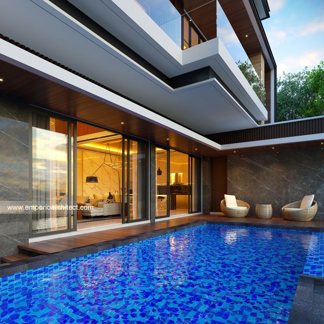Desain Tampak Detail Belakang Rumah Modern 3 Lantai Ibu ADN di Serang, Banten