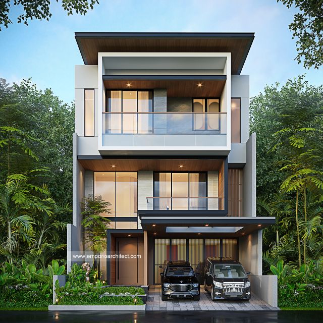 Desain Tampak Depan 2 Rumah Modern 3 Lantai Bapak DJN di PIK 2, Tangerang