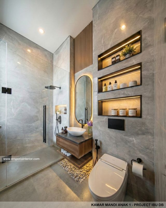 Desain Kamar Mandi Anak 1 Rumah Modern 3 Lantai Ibu DB di Samarinda