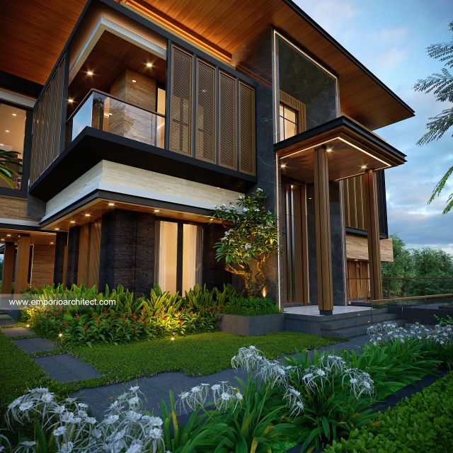 Desain Tampak Detail Depan Rumah Modern 3 Lantai Ibu DB di Samarinda