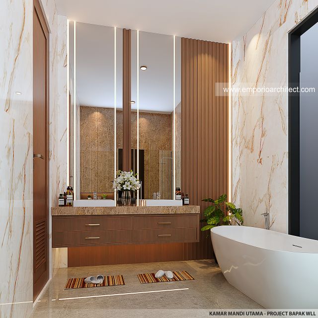 Desain Kamar Mandi Utama Rumah Modern 3 Lantai Bapak WLL di Lippo Cikarang, Bekasi