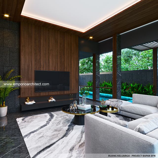 Desain Ruang Keluarga Rumah Modern 3 Lantai Bapak EFN di Cibubur, Jakarta Timur