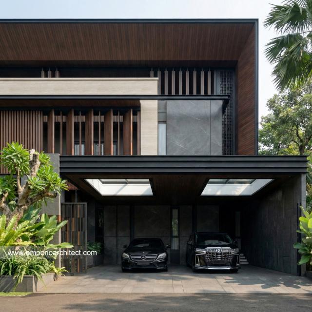 Desain Tampak Detail Depan Rumah Modern 3 Lantai Bapak EFN di Cibubur, Jakarta Timur