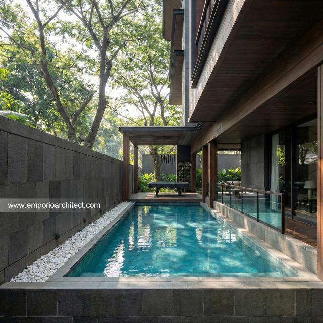Desain Tampak Detail Kolam Rumah Modern 3 Lantai Bapak EFN di Cibubur, Jakarta Timur