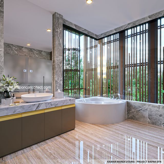 Desain Kamar Mandi Utama Rumah Modern 3 Lantai Bapak EFN di Cibubur, Jakarta Timur
