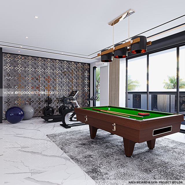 Desain Area Bilyard dan Gym Rumah Modern 3 Lantai Ibu LDA di Surabaya