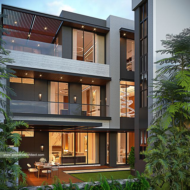 Desain Tampak Belakang Rumah Modern 3 Lantai Ibu LDA di Surabaya