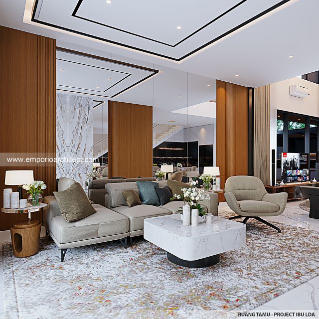 Desain Ruang Tamu Rumah Modern 3 Lantai Ibu LDA di Surabaya