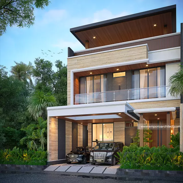 Desain Tampak Depan 2 Rumah Modern 3 Lantai Bapak FRR di Jakarta Utara