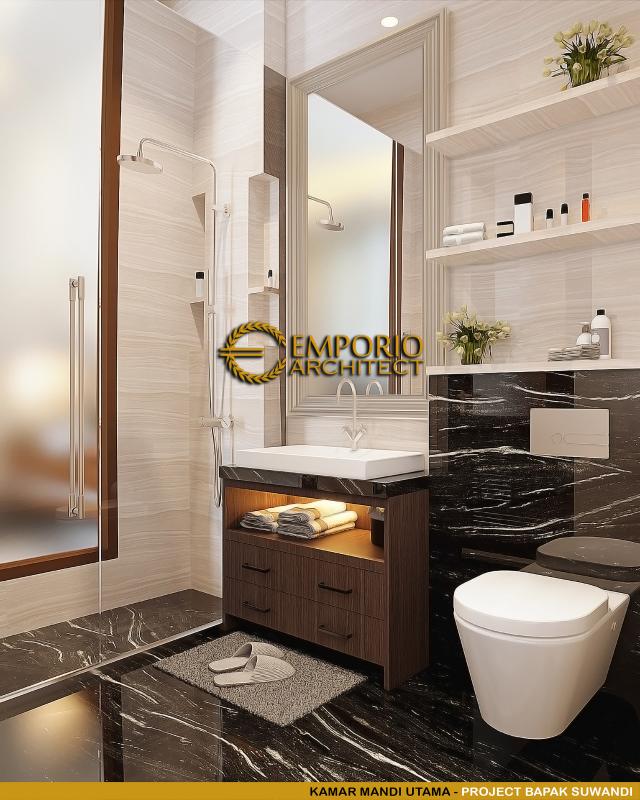 Desain Kamar Mandi Utama Rumah Modern 3 Lantai Bapak Suwandi di Surabaya