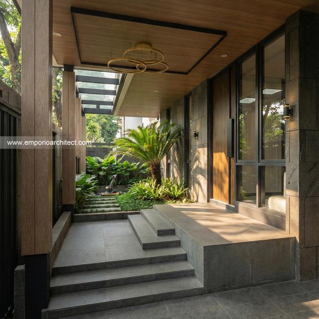 Desain Tampak Detail Entrance Rumah Modern 3 Lantai Ibu JSC di Kelapa Gading, Jakarta Utara
