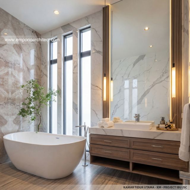 Desain Kamar Mandi Utama Rumah Modern 3 Lantai Ibu JSC di Kelapa Gading, Jakarta Utara