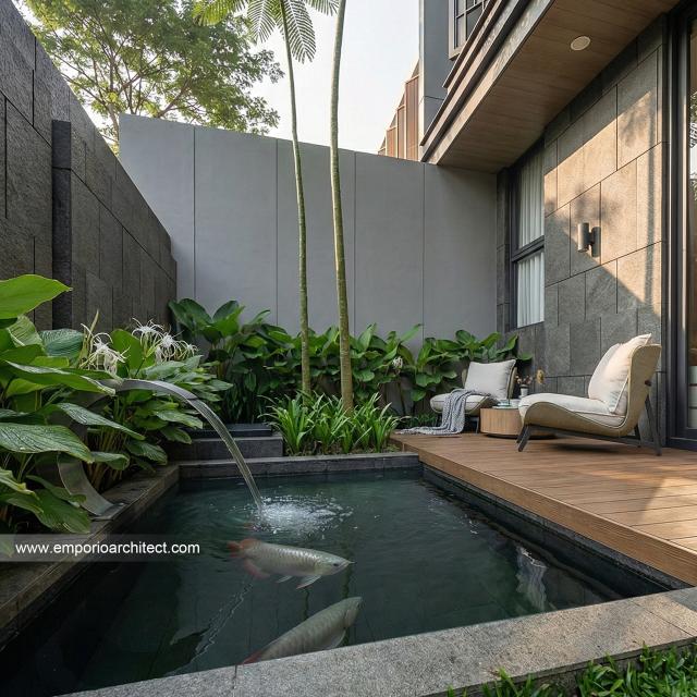 Desain Tampak Detail Kolam Rumah Modern 3 Lantai Ibu JSC di Kelapa Gading, Jakarta Utara