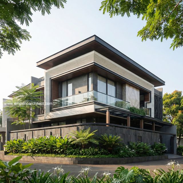 Desain Tampak Hook Rumah Modern 3 Lantai Ibu JSC di Kelapa Gading, Jakarta Utara
