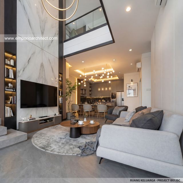Desain Ruang Keluarga Rumah Modern 3 Lantai Ibu JSC di Kelapa Gading, Jakarta Utara