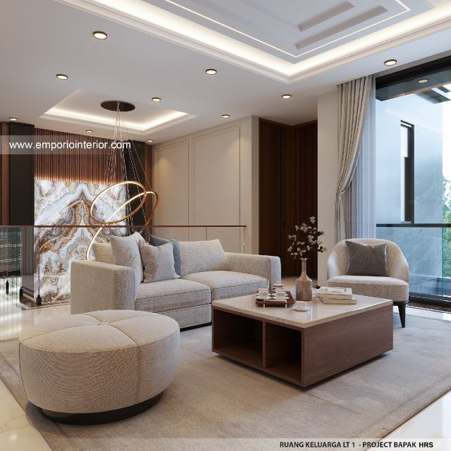 Desain Ruang Keluarga Lantai 1 Rumah Modern 3 Lantai Bapak HRS II di Medan