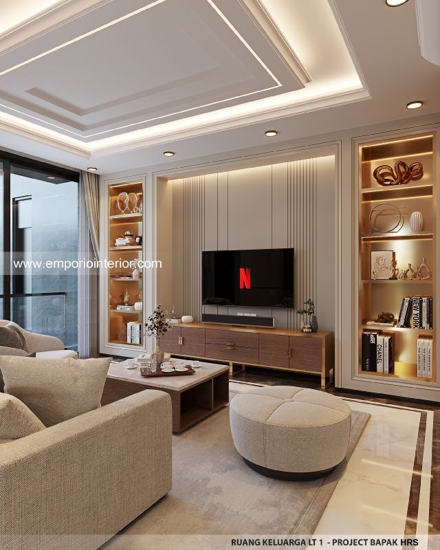 Desain Ruang Keluarga Lantai 1 Rumah Modern 3 Lantai Bapak HRS II di Medan