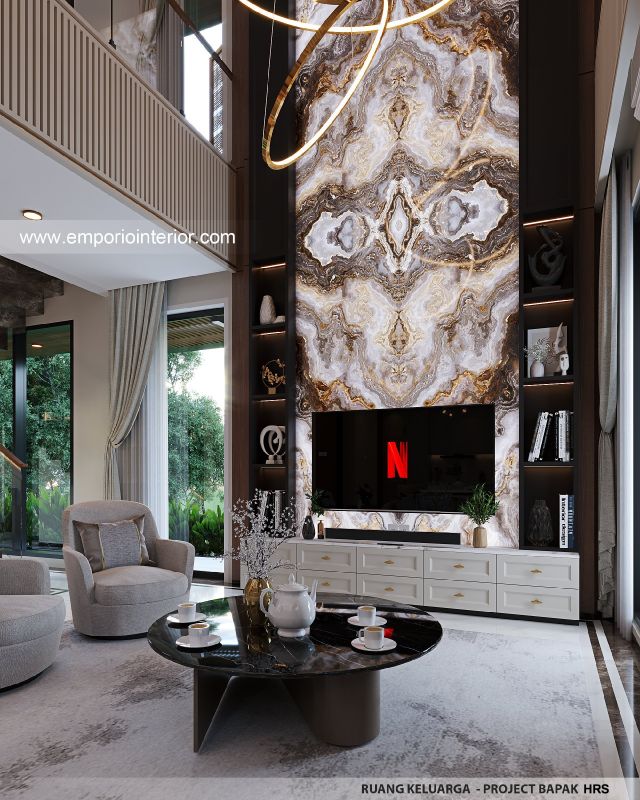 Desain Ruang Keluarga Rumah Modern 3 Lantai Bapak HRS II di Medan