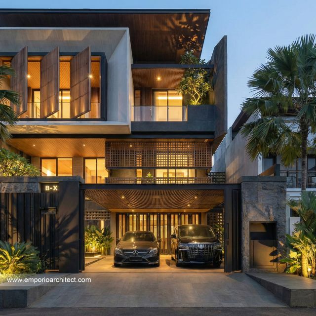 Desain Tampak Detail Depan Rumah Modern 3 Lantai Ibu DN di Semarang
