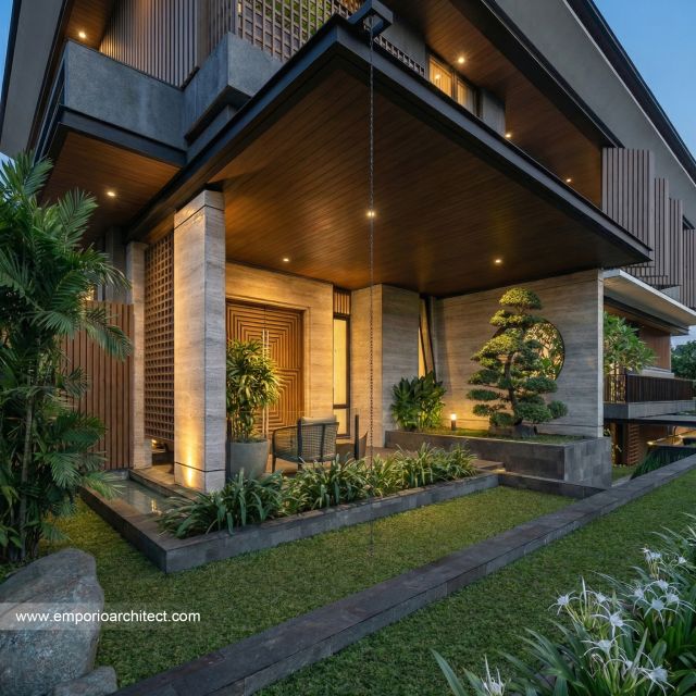 Desain Tampak Detail Depan 2 Rumah Modern 3 Lantai Ibu DN di Semarang