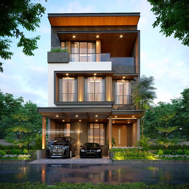 Desain Tampak Depan Rumah Modern 3 Lantai Ibu HTT di Jakarta Barat