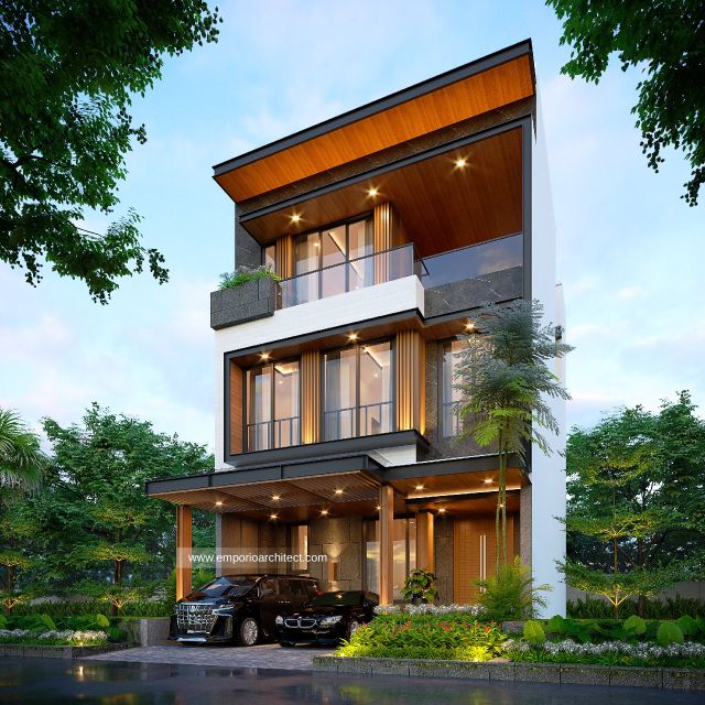 Desain Tampak Depan 2 Rumah Modern 3 Lantai Ibu HTT di Jakarta Barat