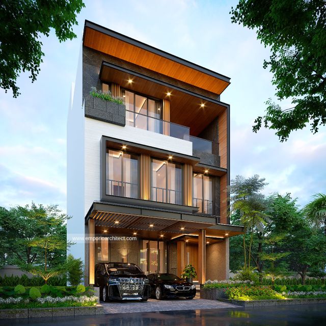 Desain Tampak Depan 3 Rumah Modern 3 Lantai Ibu HTT di Jakarta Barat