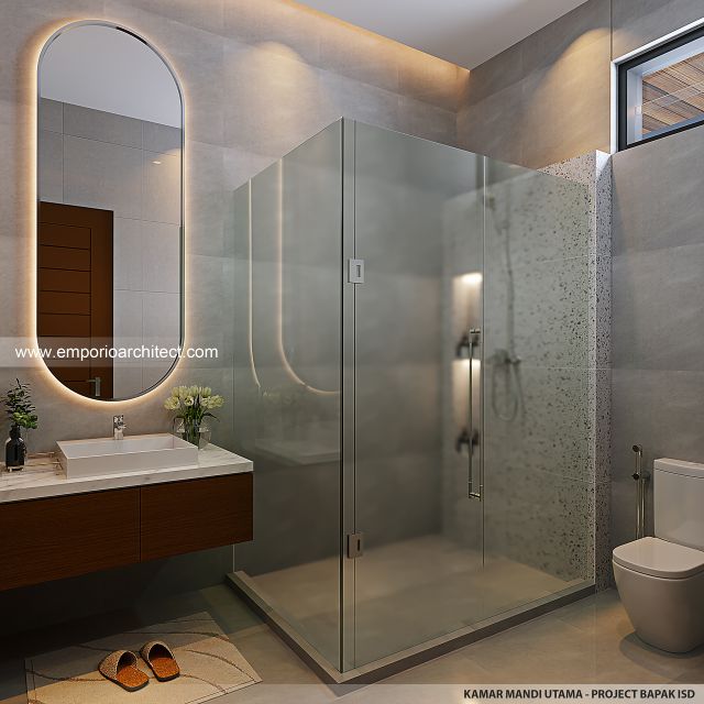 Desain Kamar Mandi Utama Rumah Modern 3 Lantai Bapak ISD di Kemang, Jakarta Selatan