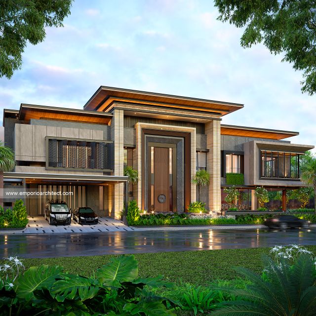 Desain Tampak Depan 2 Rumah Modern 3 Lantai Bapak DVI di Tangerang
