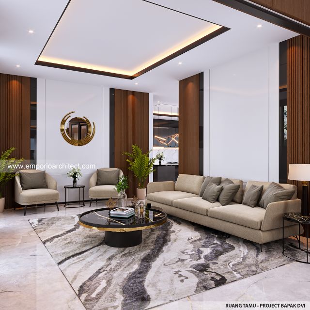 Desain Ruang Tamu Rumah Modern 3 Lantai Bapak DVI di Tangerang