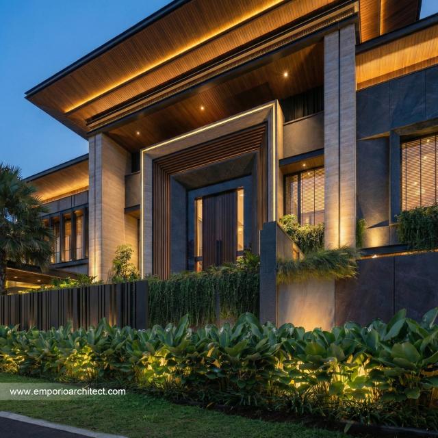 Desain Tampak Detail Depan Rumah Modern 3 Lantai Bapak DVI di Tangerang