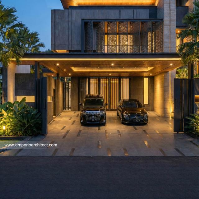 Desain Tampak Detail Garasi Rumah Modern 3 Lantai Bapak DVI di Tangerang