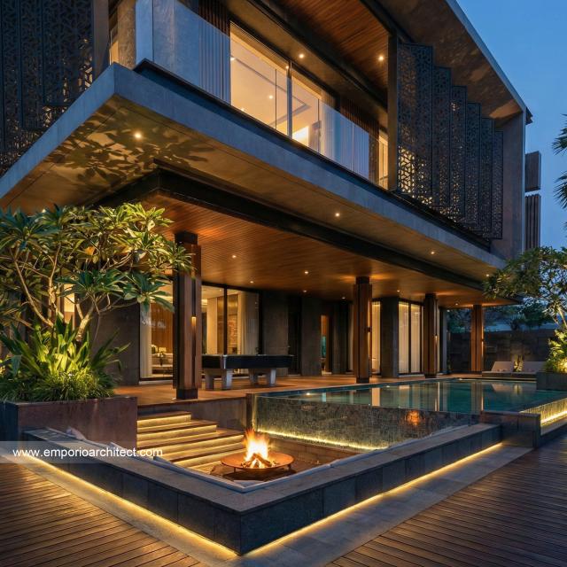 Desain Tampak Detail BBQ 2 Rumah Modern 3 Lantai Bapak DVI di Tangerang