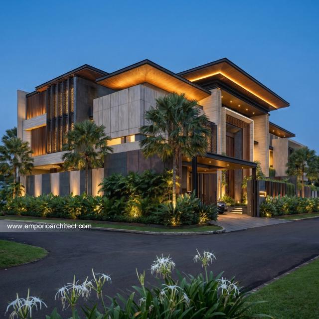 Desain Tampak Hook 2 Rumah Modern 3 Lantai Bapak DVI di Tangerang