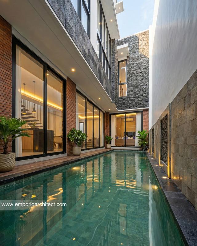 Desain Tampak Detail Kolam 2 Rumah Modern 3 Lantai Ibu ANT di Jakarta Selatan