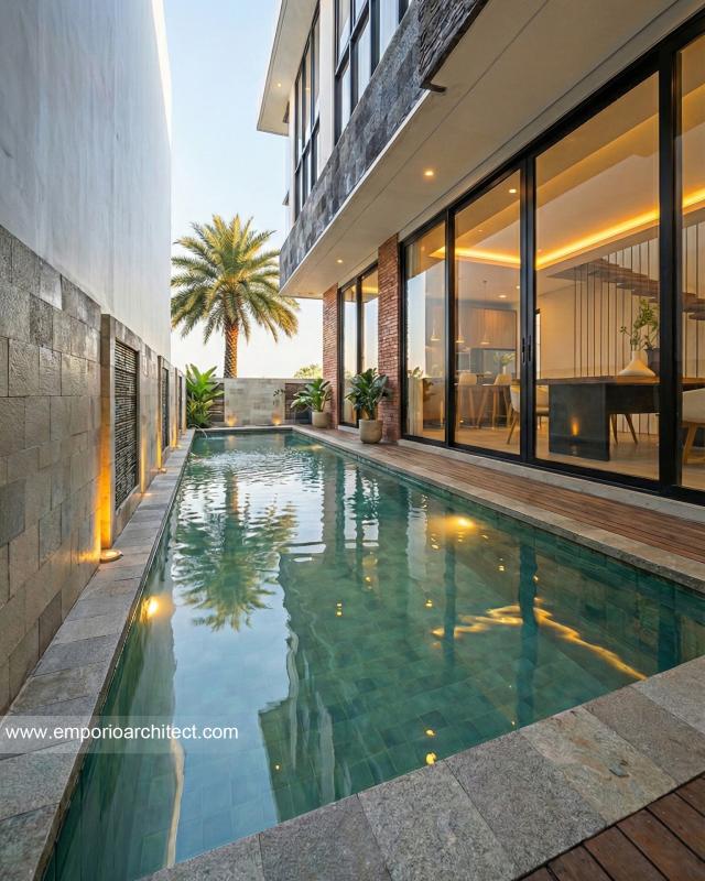 Desain Tampak Detail Kolam Rumah Modern 3 Lantai Ibu ANT di Jakarta Selatan
