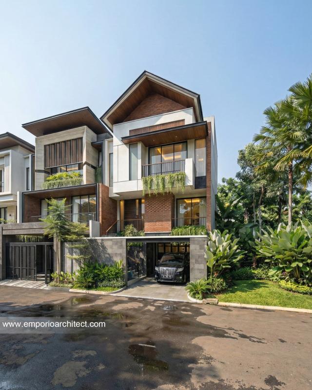 Desain Tampak Depan 2 Rumah Modern 3 Lantai Ibu ANT di Jakarta Selatan