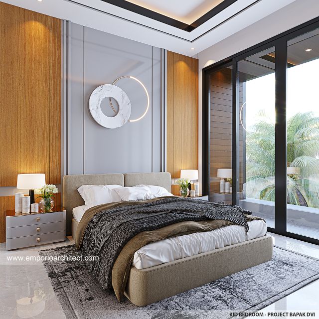 Desain Kamar Tidur Utama Rumah Modern 3 Lantai Bapak DVI di Cikarang, Bekasi
