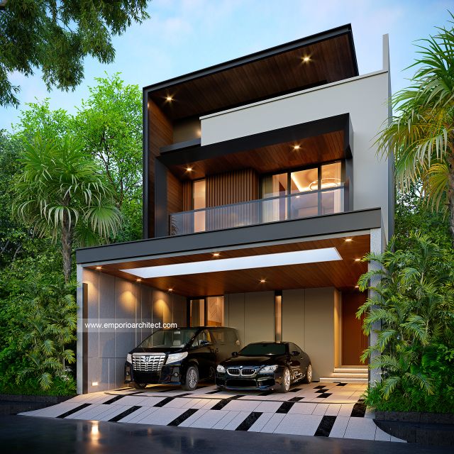 Desain Tampak Depan 2 Rumah Modern 3 Lantai Bapak YSH di Kelapa Gading, Jakarta Utara
