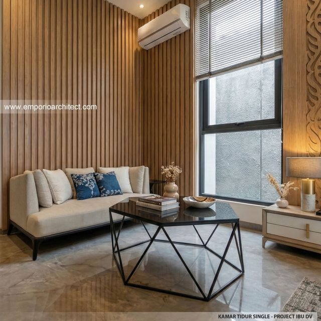 Desain Ruang Keluarga Kamar Tidur Rumah Modern 3 Lantai Ibu DV di Jakarta Selatan