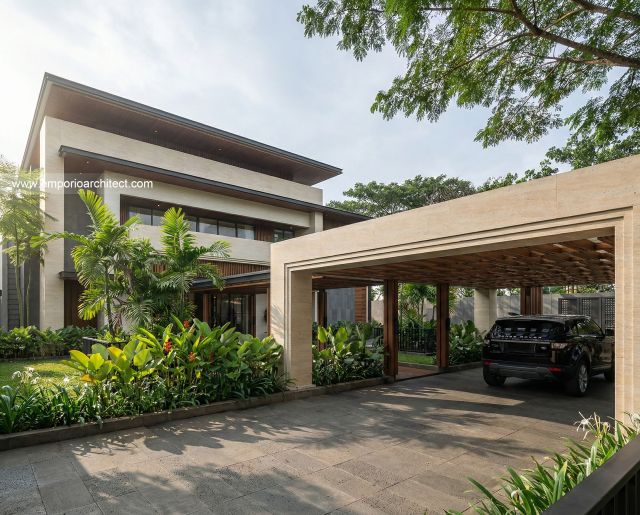 Desain Tampak Depan 2 Rumah Modern 3 Lantai Ibu DV di Jakarta Selatan