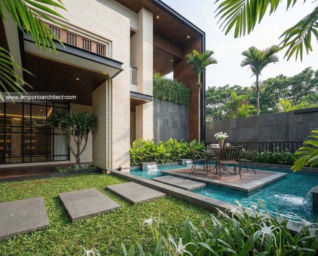 Desain Tampak Detail Depan 2 Rumah Modern 3 Lantai Ibu DV di Jakarta Selatan