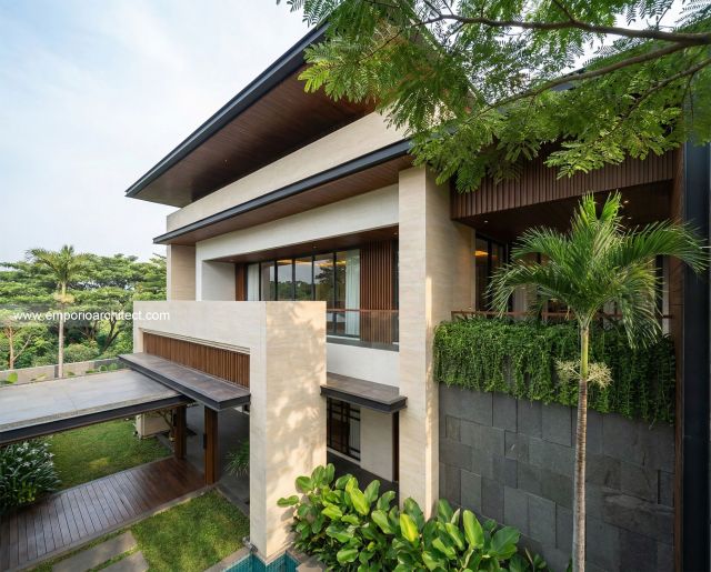 Desain Tampak Detail Depan 3 Rumah Modern 3 Lantai Ibu DV di Jakarta Selatan
