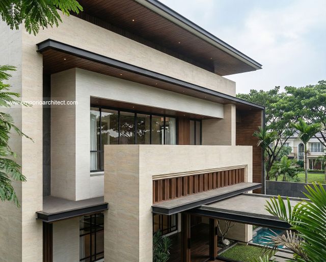 Desain Tampak Detail Depan 4 Rumah Modern 3 Lantai Ibu DV di Jakarta Selatan