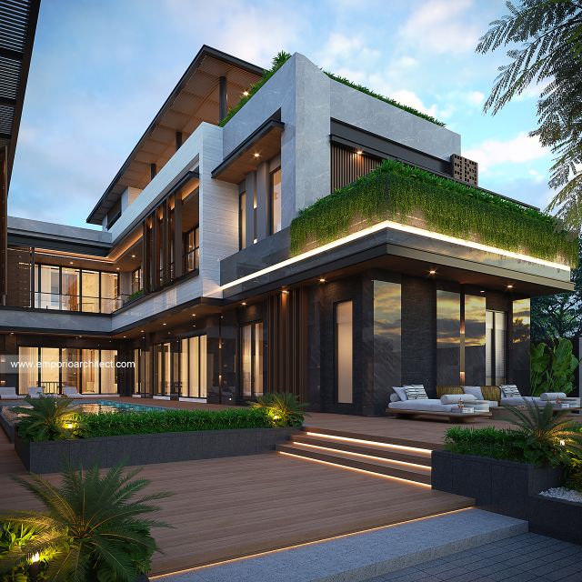 Desain Tampak Detail Belakang Rumah Modern 3 Lantai Ibu NVA di Magetan, Jawa Timur