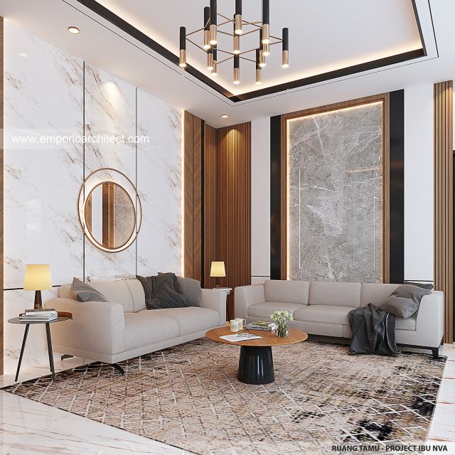 Desain Ruang Tamu Rumah Modern 3 Lantai Ibu NVA di Magetan, Jawa Timur