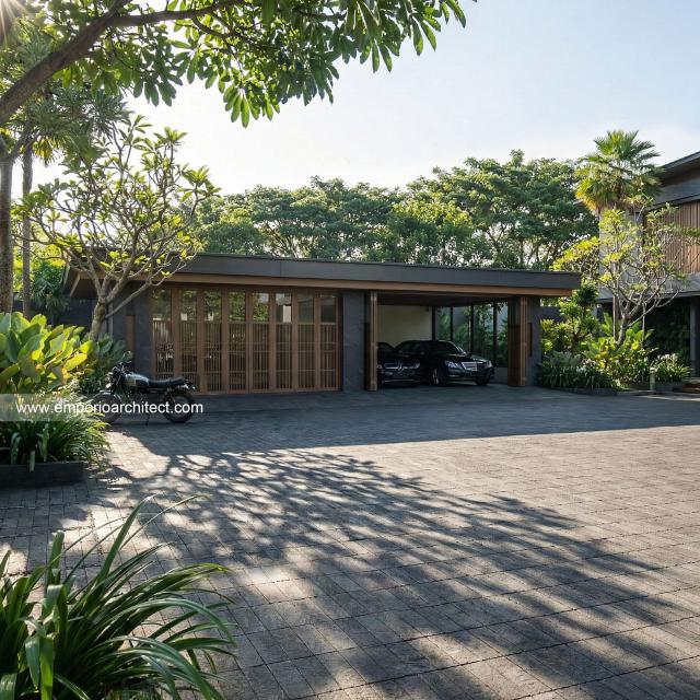 Desain Tampak Detail Garase Rumah Modern 3 Lantai Ibu NVA di Magetan, Jawa Timur